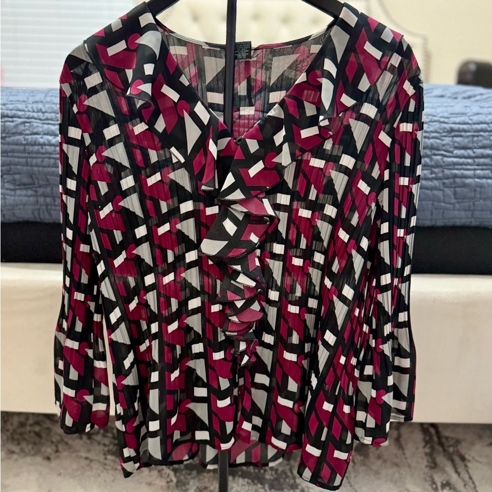 Camille La Vie Pink and Black Graphic Ruffled Blouse